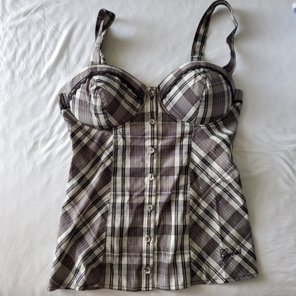 Guess Checkered Bustier Top - Brown and Cream
